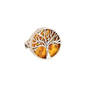 Natural Baltic Cognac Amber Tree Of Life Adjustable Ring in 925 Sterling Silver